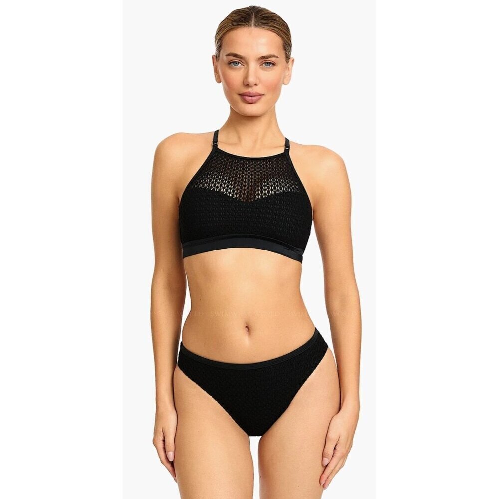 Robin Piccone Charlotte Black Mesh High Neck Bikini Set Size S